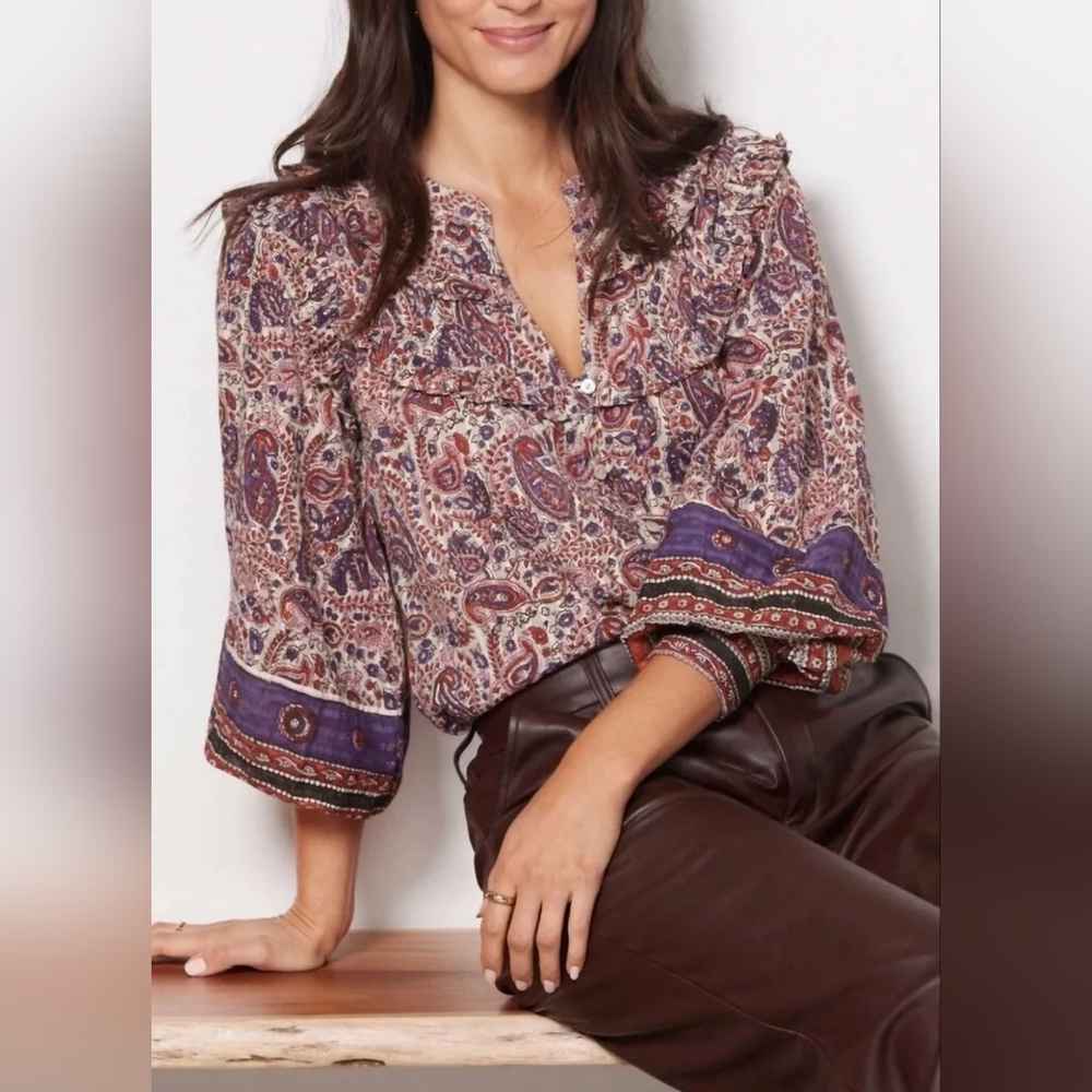 Cleobella Paisley Button-Front Blouse in Mauve and Navy - Picture 2 of 14